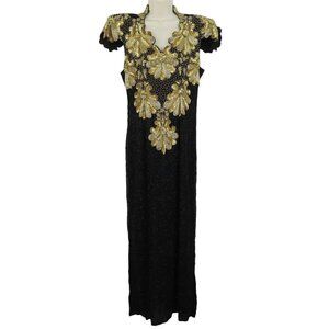 TJ Wear Womens Large Silk Black Gold Beaded Sequin Padded Shoulder Gown Dress